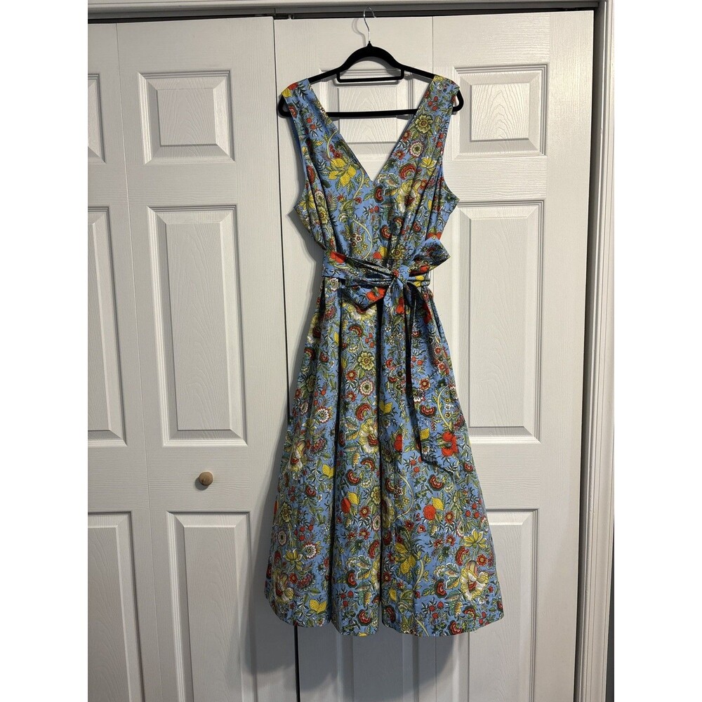 BODEN Josefina Belted Flare Dress Multi Citrus Vine Womens 16-18 blue plus size